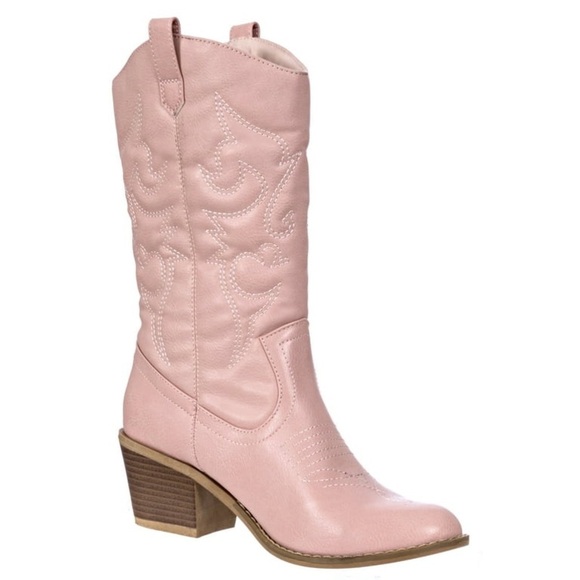 Cowgirl Boots pink faux leather Mid-Calf Stiching Western Low Stacked Heel - Picture 3 of 12
